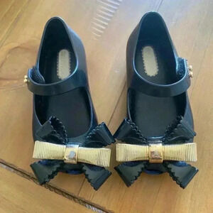 Mini Melissa Girls Bow Flats Black Gold Size 6